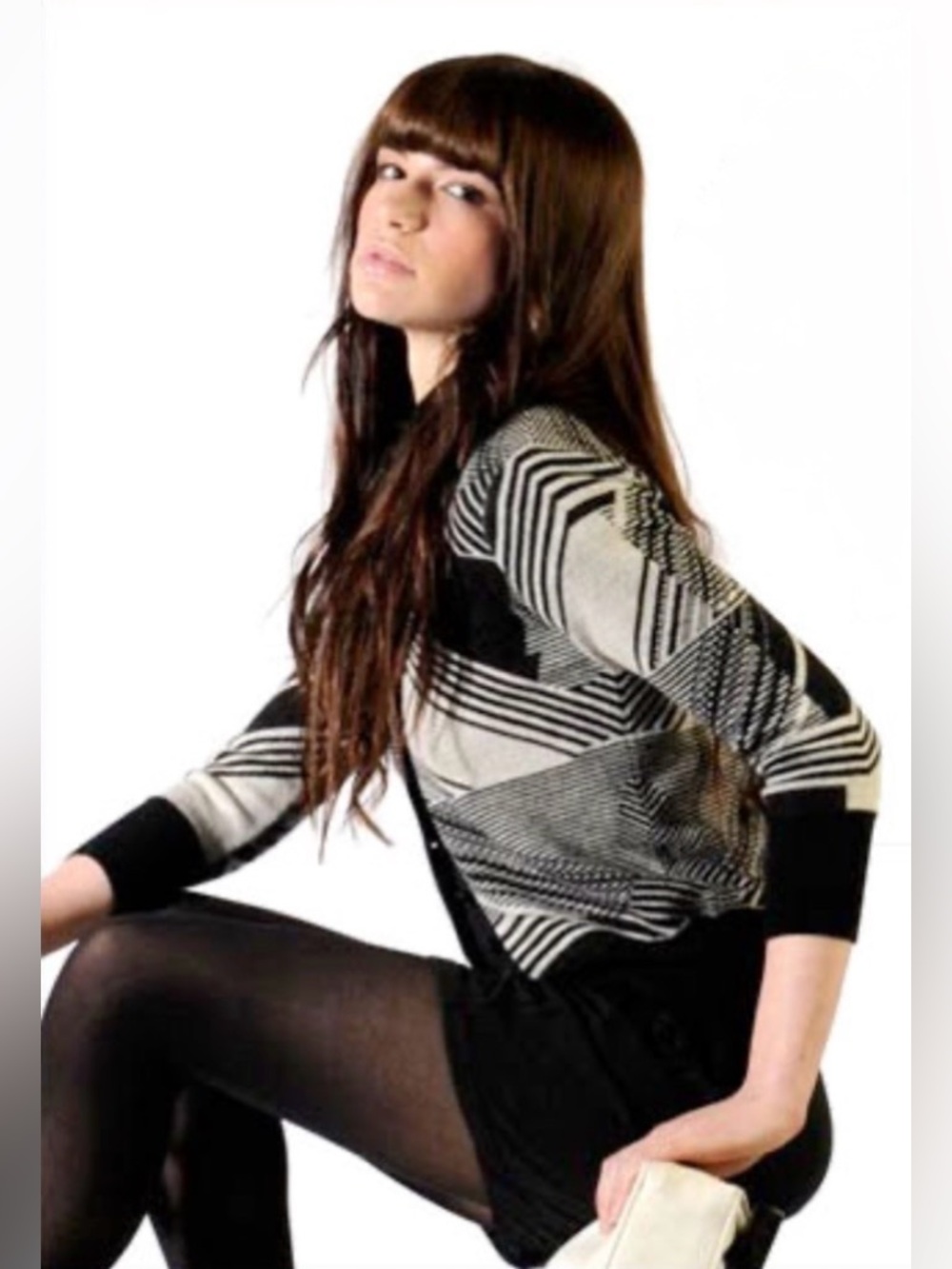 Micaela Greg Geo Cardigan 100% Wool Black Tan Button Front Sweater 2000s *HOLE*